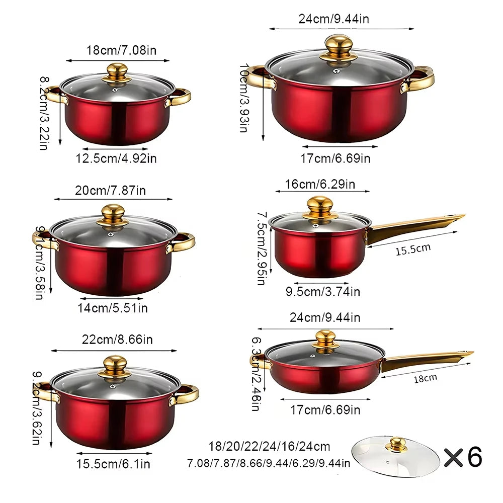 Noned 12 Piece Stainless Steel Cookware Set Milk Pot Pan Frying Pot Soup Pot