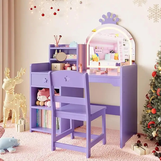 HiMISS Kids Vanity With Lights 2-In-1 Makeup Desk And Chair