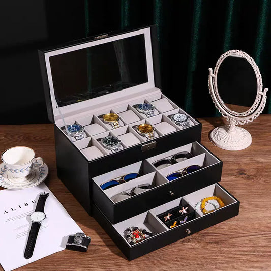 NONECN Leather Watch And Eyewear Box With Jewelry Display Drawer