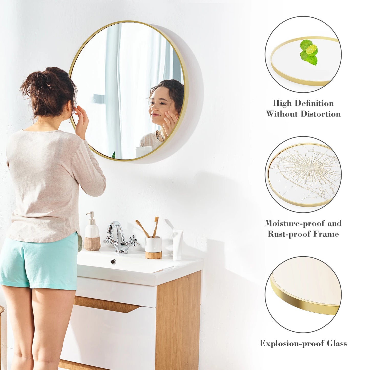 JHK Round Vanity Mirror With Matte Metal Frame For Wall