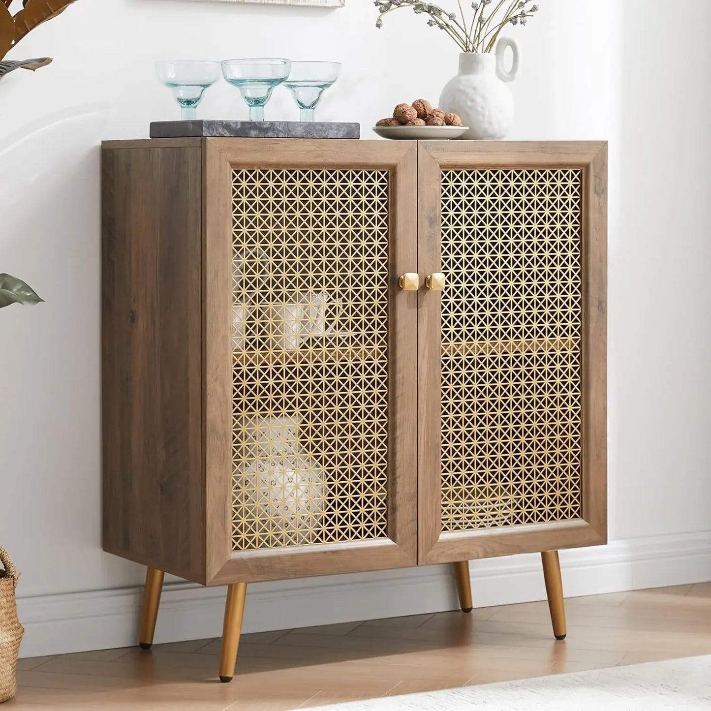 Multifunctional Storage Sideboard With Metal Mesh Doors For Living Dining