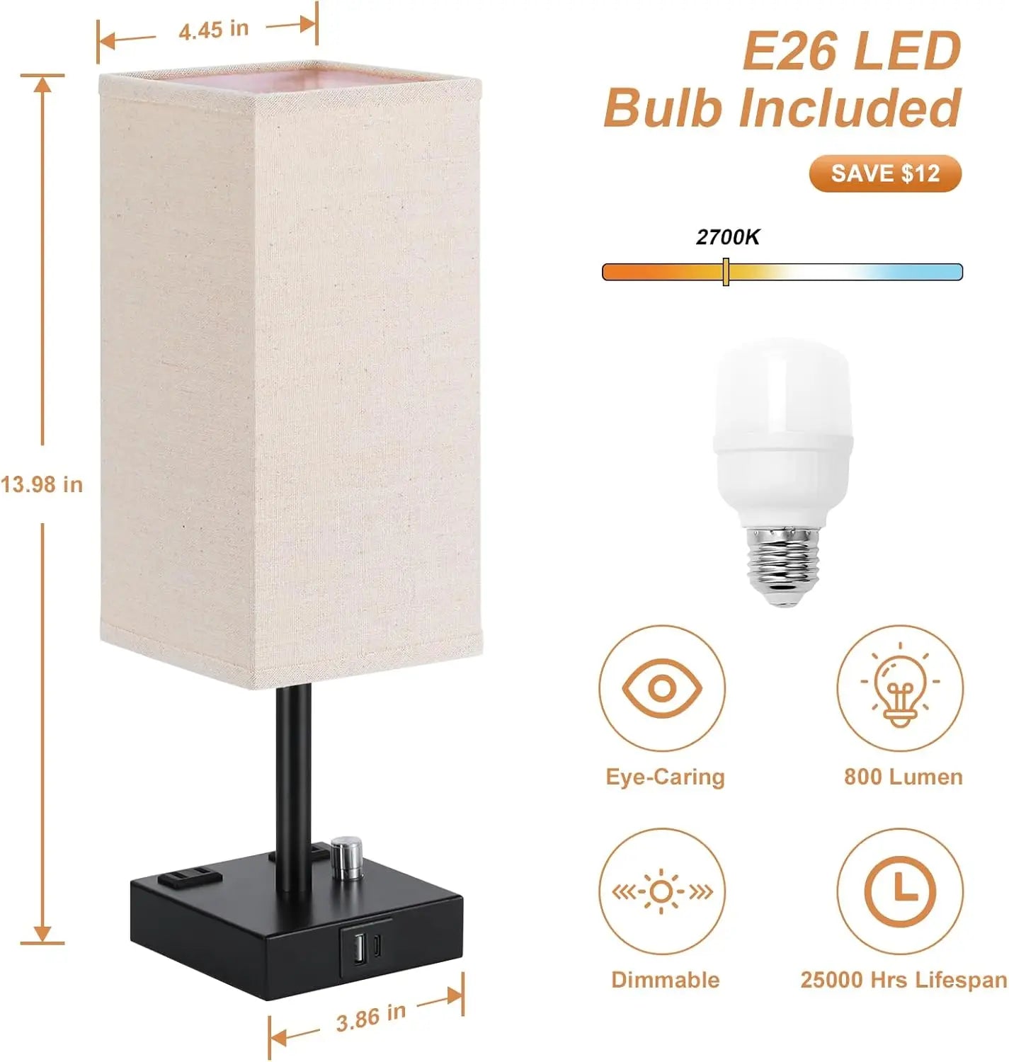 Fully Dimmable Nightstand Lamps Set Of 2 With USB Ports