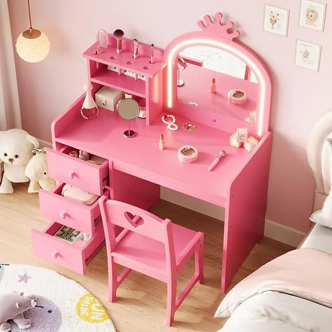 HiMISS Kids Vanity With Lights 2-In-1 Makeup Desk And Chair