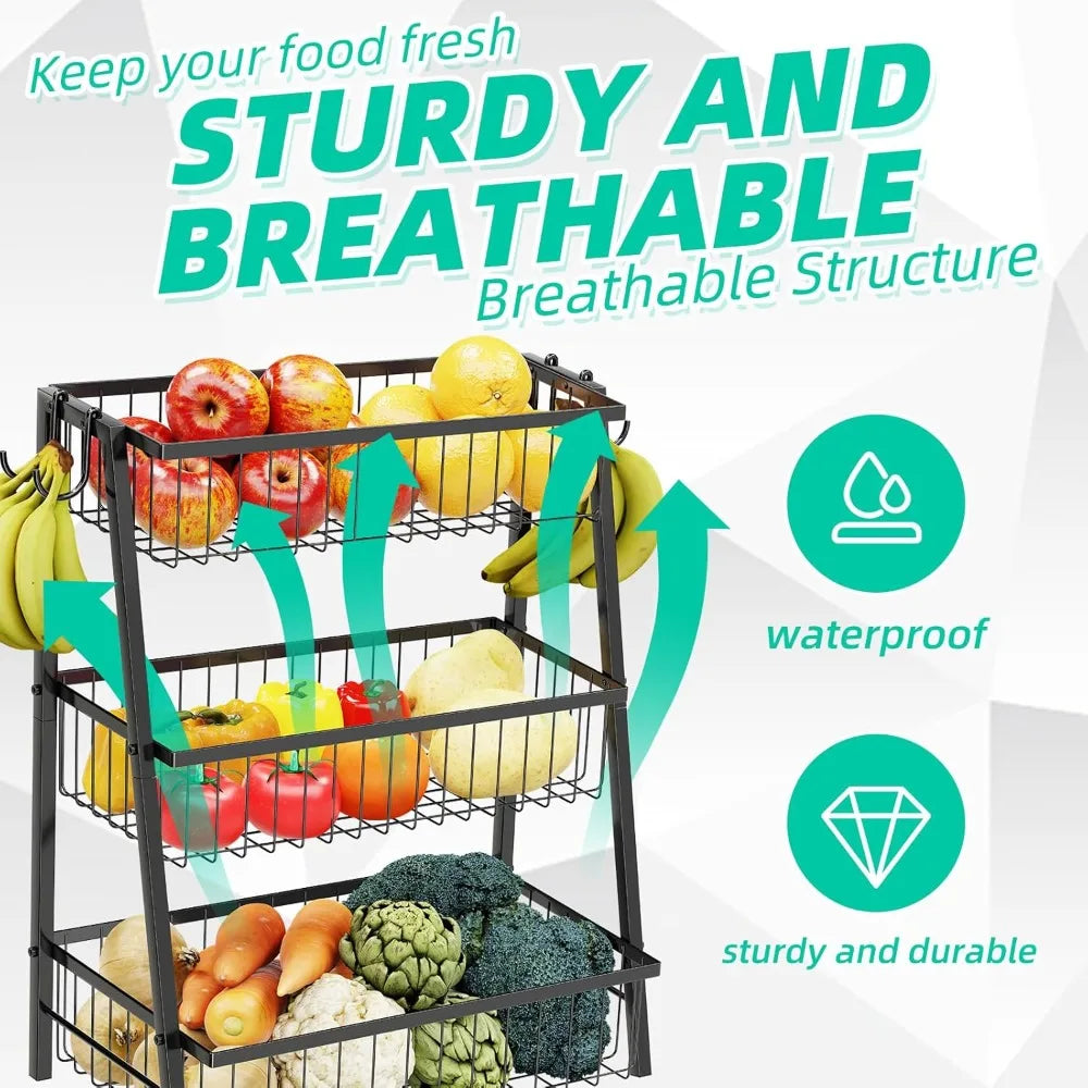 Three Tier Fruit Basket With Four Banana Hooks Metal Wire