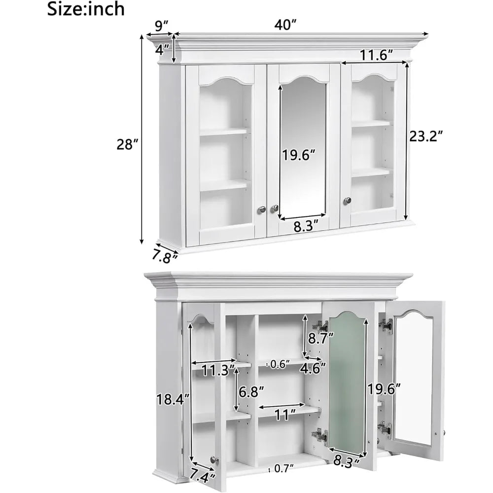Medicine Cabinet Mirror Wall Mounted Bathroom Glass Doors Adjustable Shelves