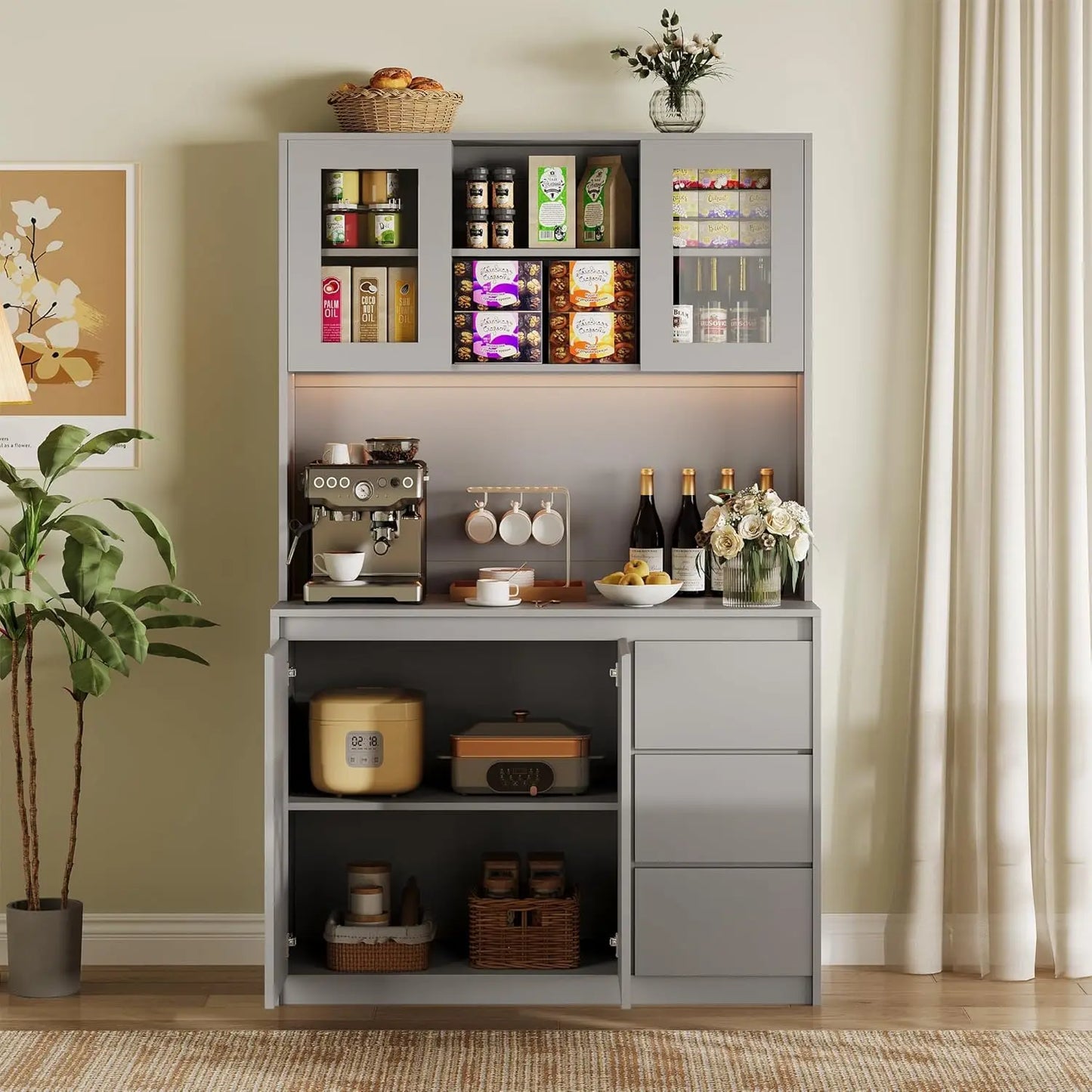 Studyset Kitchen Pantry Cabinet Microwave Stand With Led Lights And Outlets