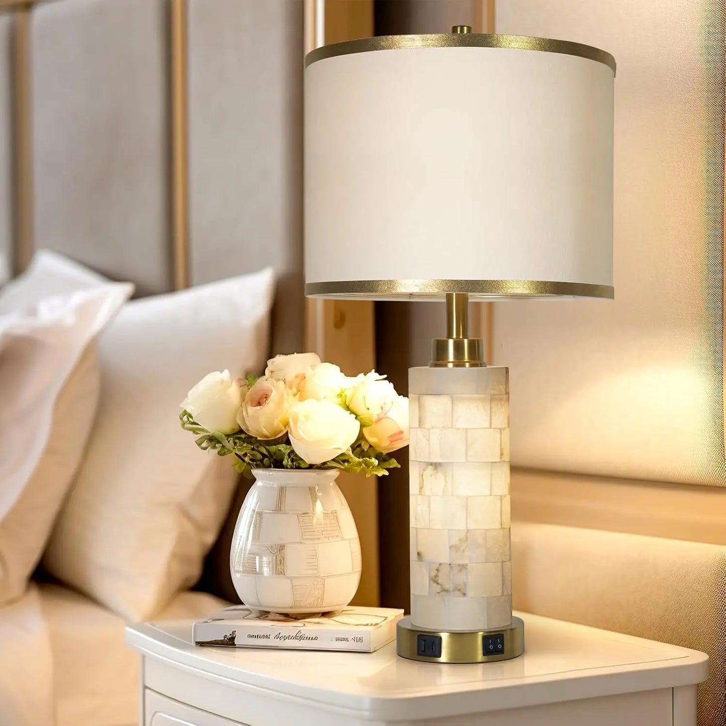 Alabaster Table Lamps Set Of 2 With USB Ports And Night Light