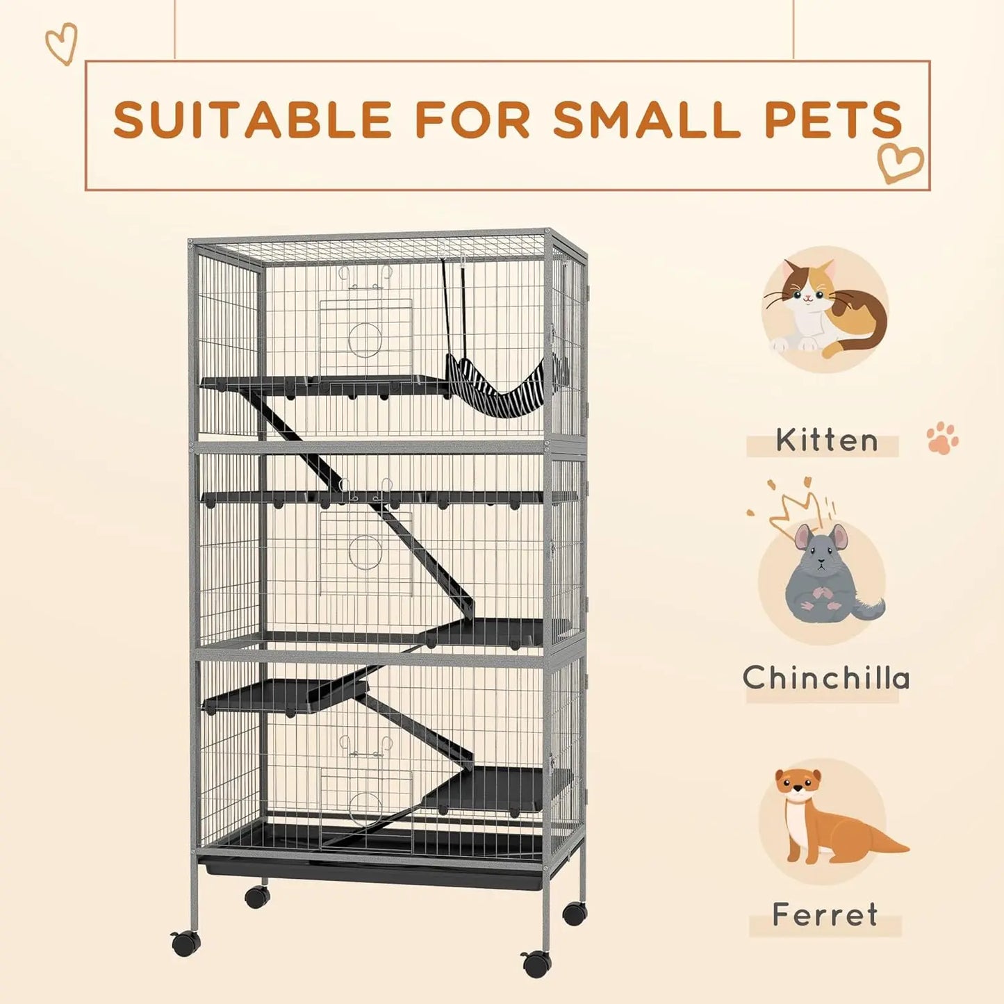 6-Tier Small Animal Cage With Hammock, Wheels And Removable Tray