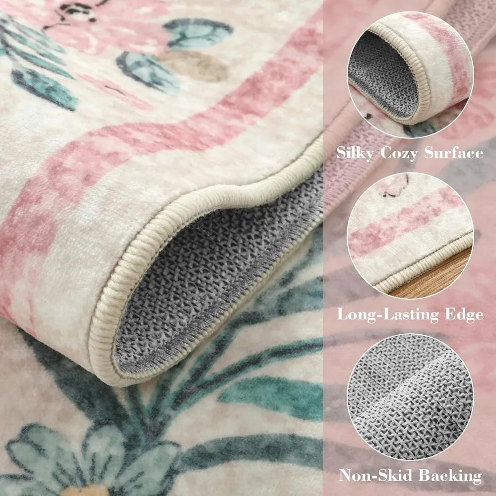 XMSJ Floral Area Rug Soft Boho Washable Non Slip Low Pile Indoor Carpet For Living Room And Bedroom