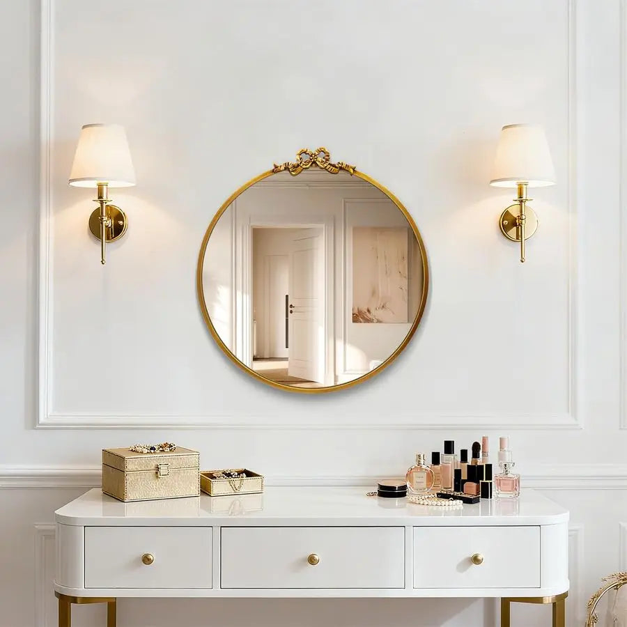Round Bow Mirror With Ornate Baroque Style Metal Wall Decor