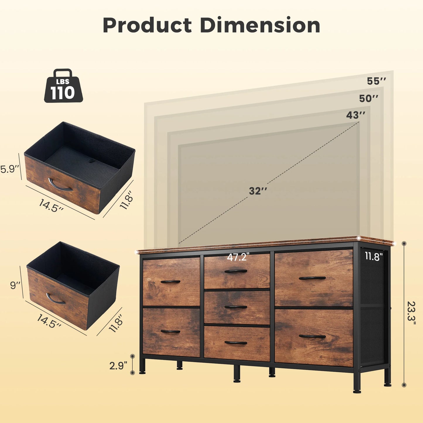 MCQ TV Stand Dresser With 7 Drawers Fabric Cabinet