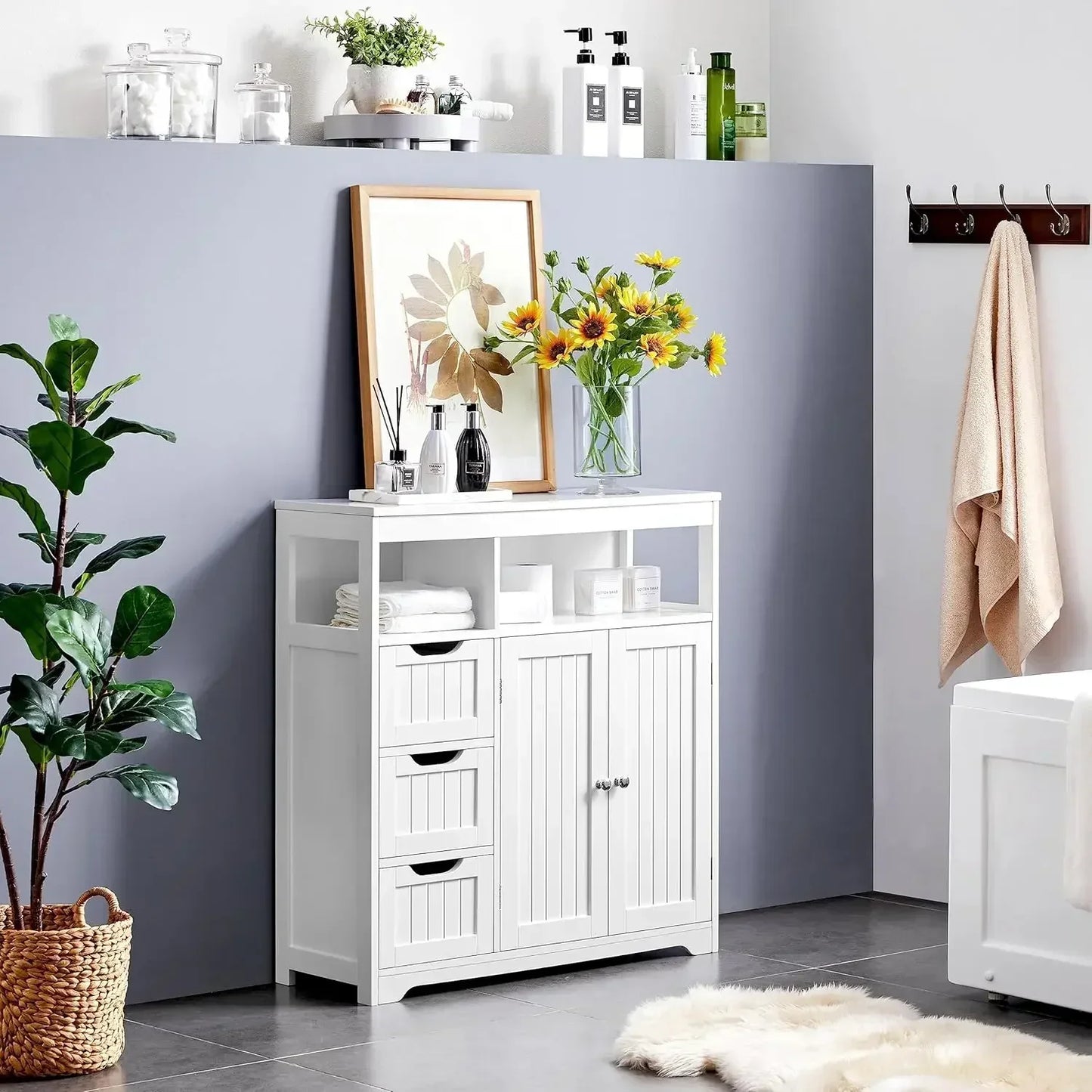XMSJ Bathroom Floor Cabinet With 3 Drawers And 2 Shelves