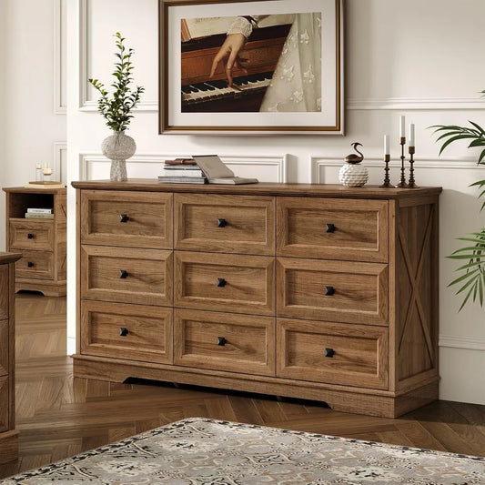 Guangbai Farmhouse 9 Drawer Dresser Wood Storage Chest