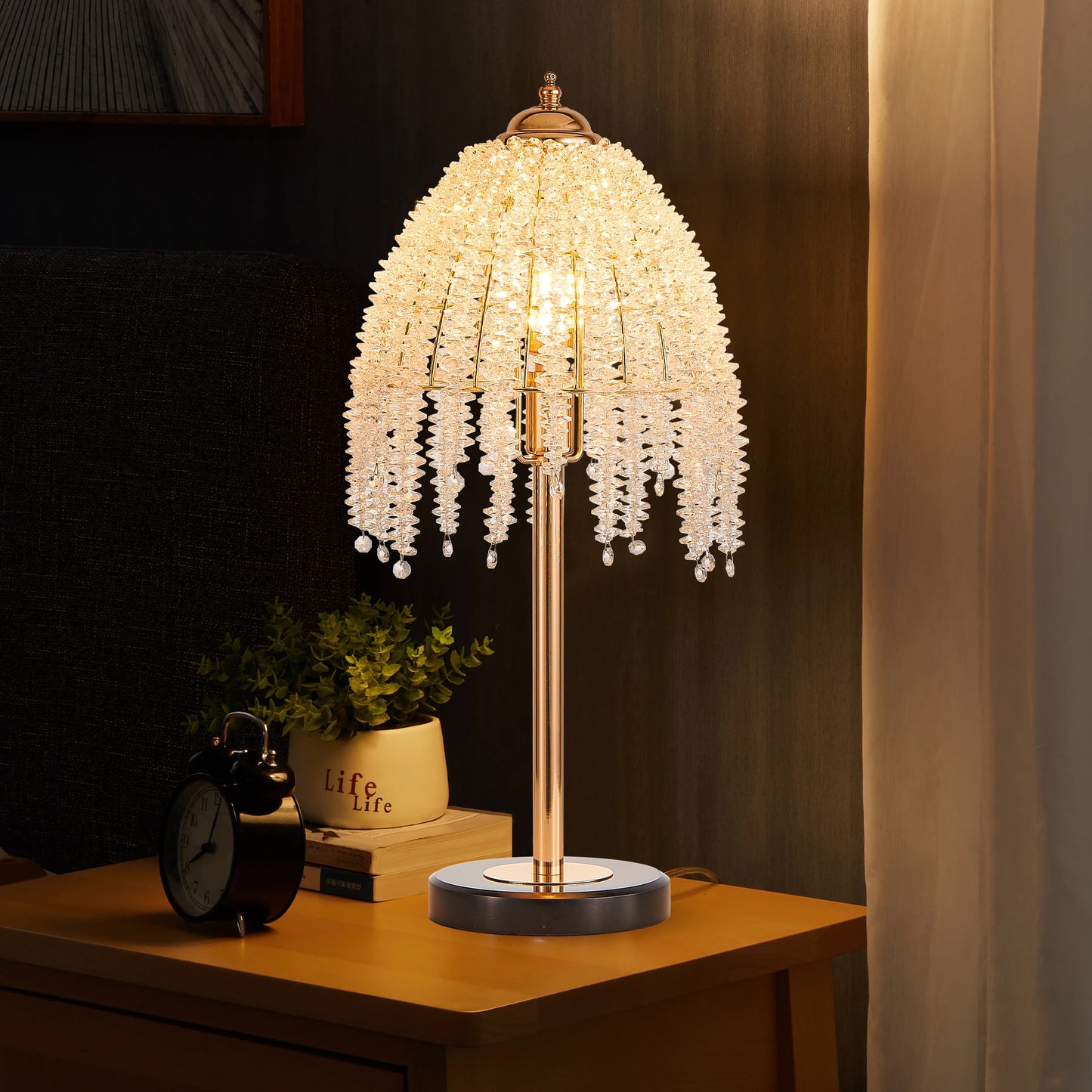 Elegant Crystal Table Lamp Waterfall Design With Shade Marble Base