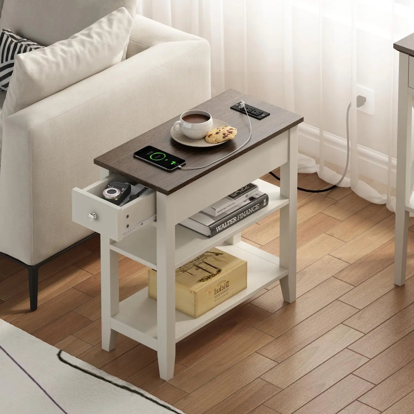 Narrow End Table Pair With USB Ports And Hidden Drawer