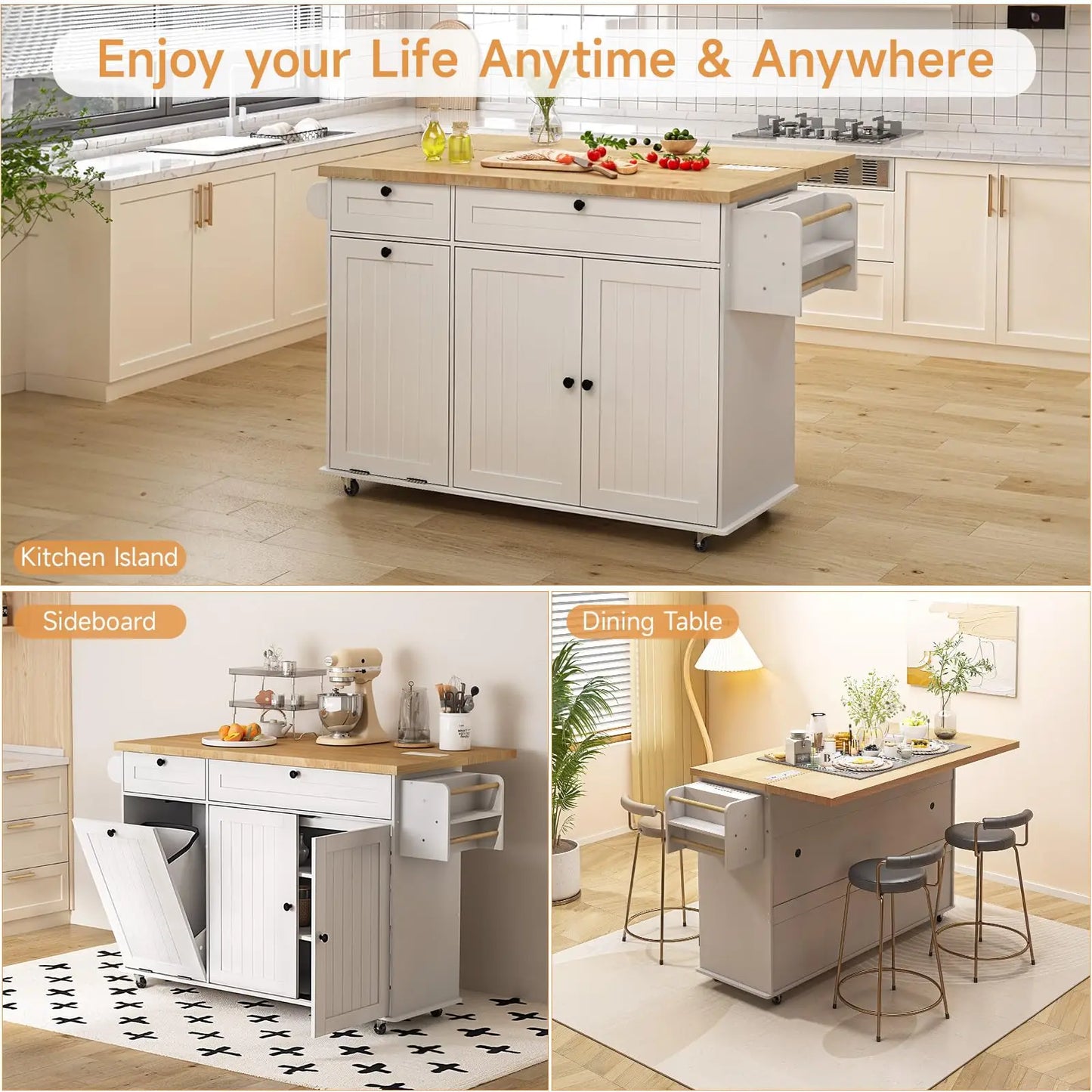 ONBRILL Mobile Kitchen Island With Rolling Trolley PowerOutlet Spice Rack
