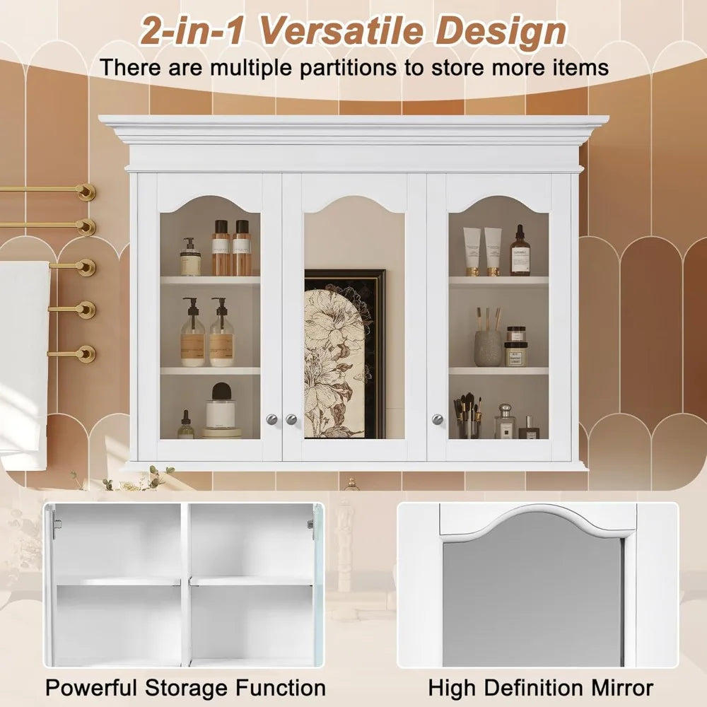 Medicine Cabinet Mirror Wall Mounted Bathroom Glass Doors Adjustable Shelves
