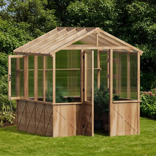 Cover Wooden Greenhouse With Sloped Roof And Shelves
