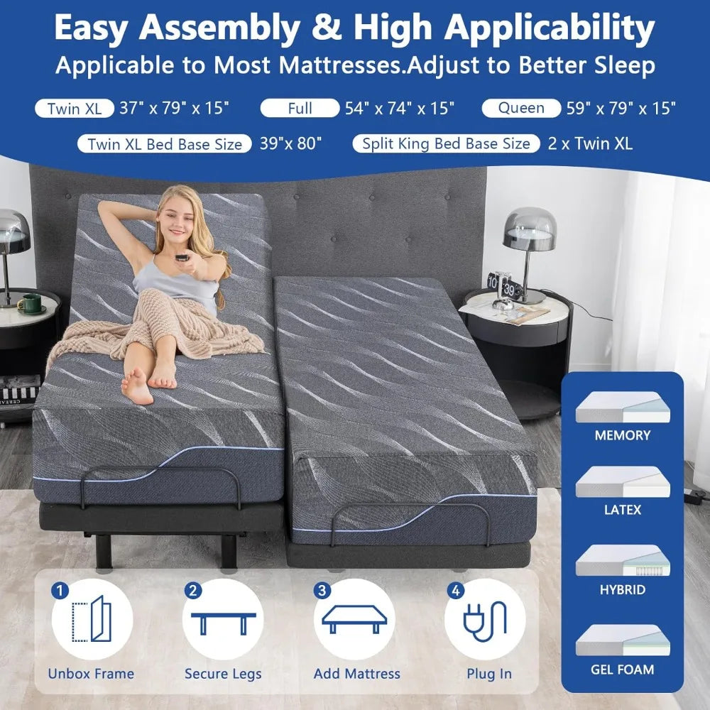 ZHUOTING Adjustable Bed Base With Wireless Remote Gel Foam Mattress