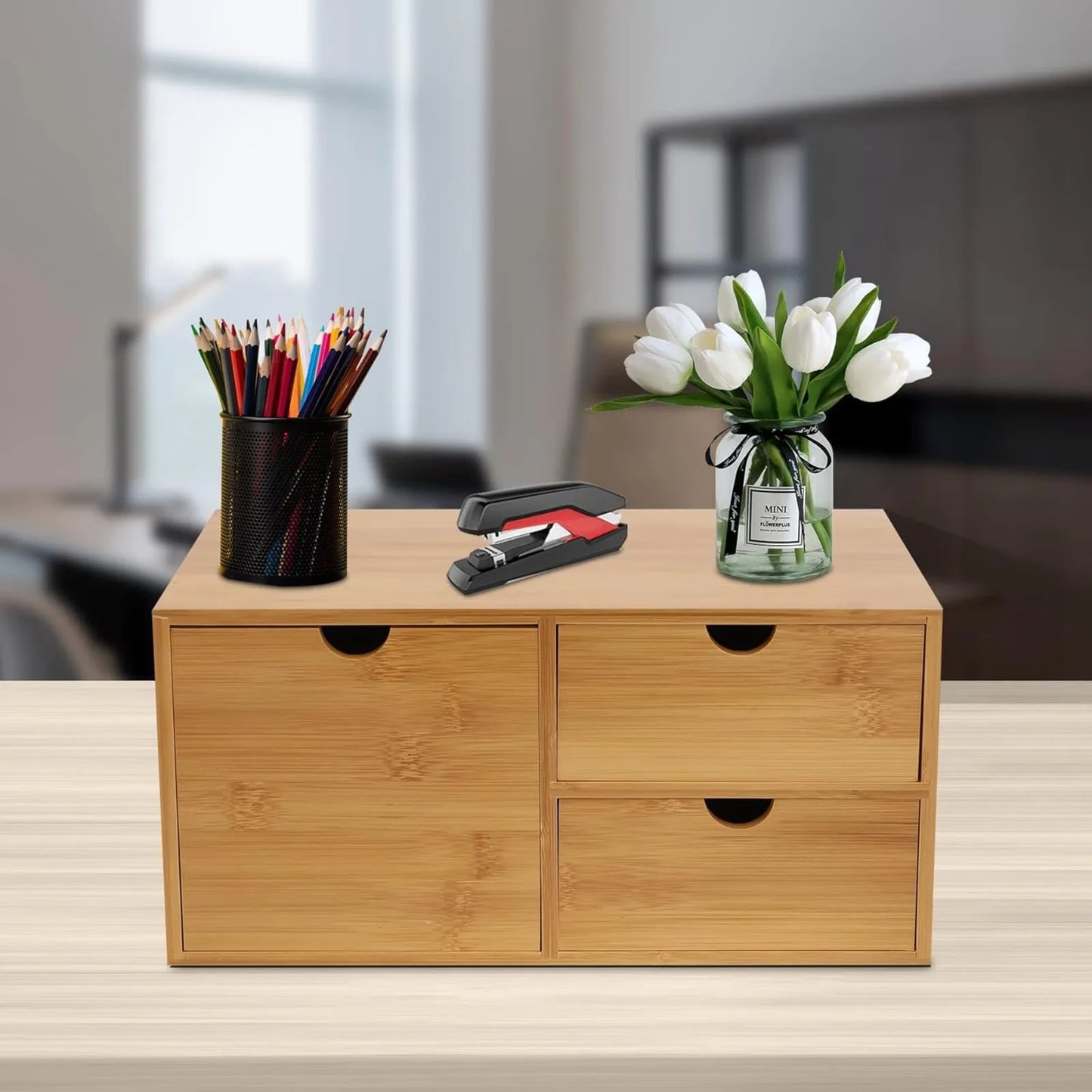 NONECN Bamboo Desk Organizer Drawers With Recess Handles Flat Top