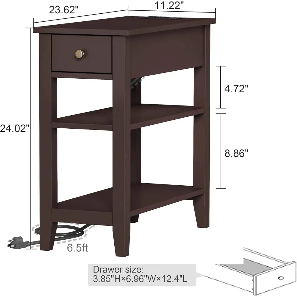 Narrow End Table Pair With USB Ports And Hidden Drawer