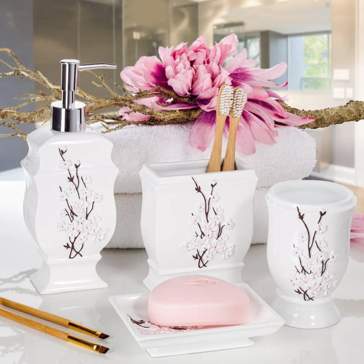 Cherry Blossom Bathroom Accessories Set 4 Piece Dispenser Toothbrush Holder Dish