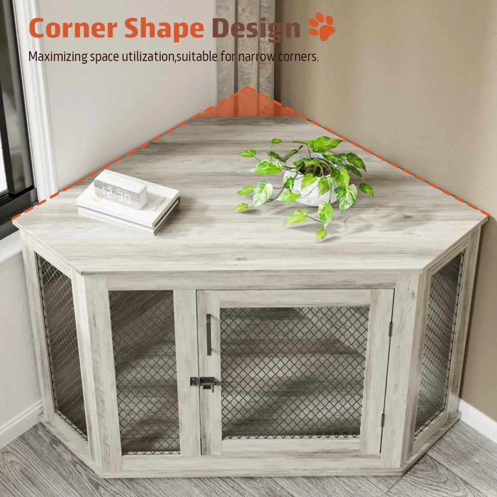 MKDK Wooden Corner Dog Crate Furniture With Mesh Kennel