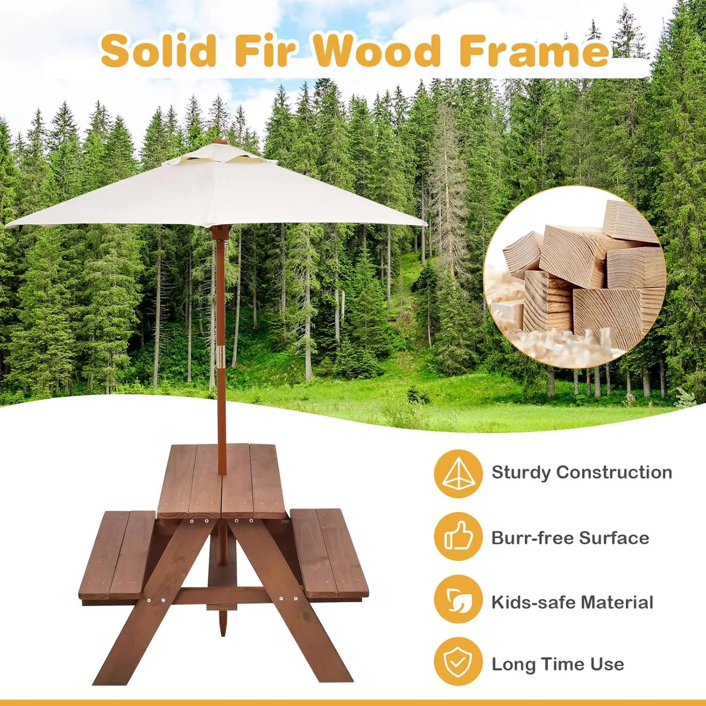 XIAOLANG Kids Picnic Table Outdoor Wooden Bench Set With Umbrella