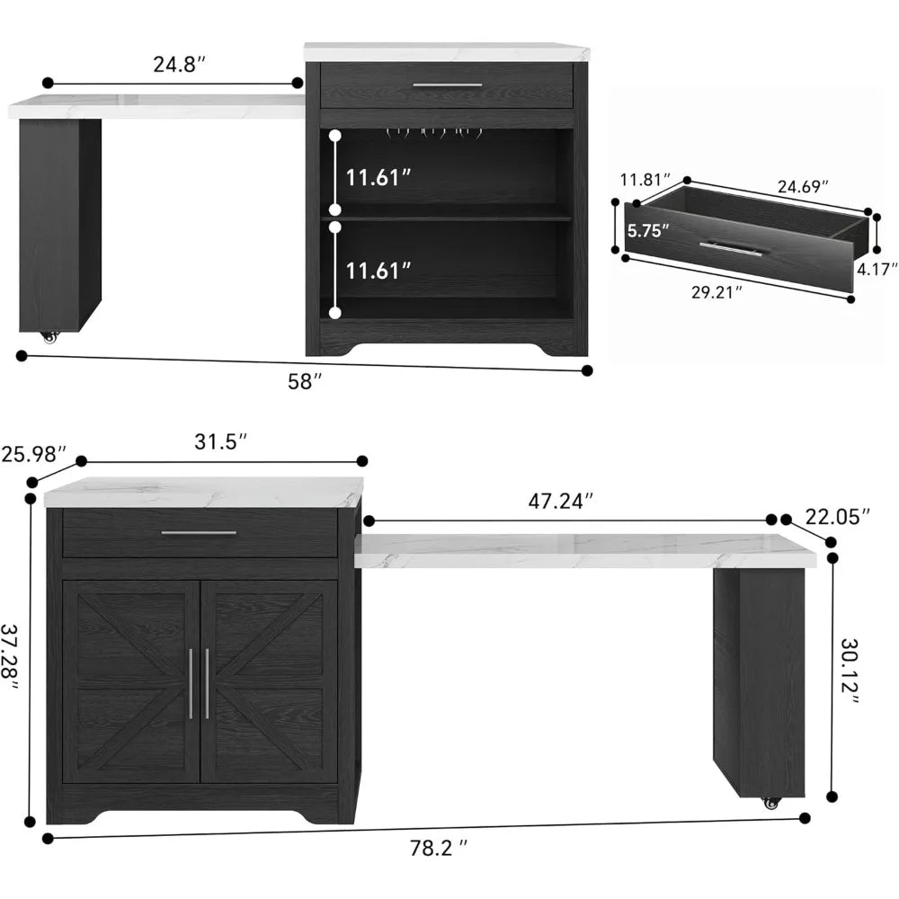 LZJV Farmhouse Rolling Kitchen Island With Extendable Table WineGlassHolder