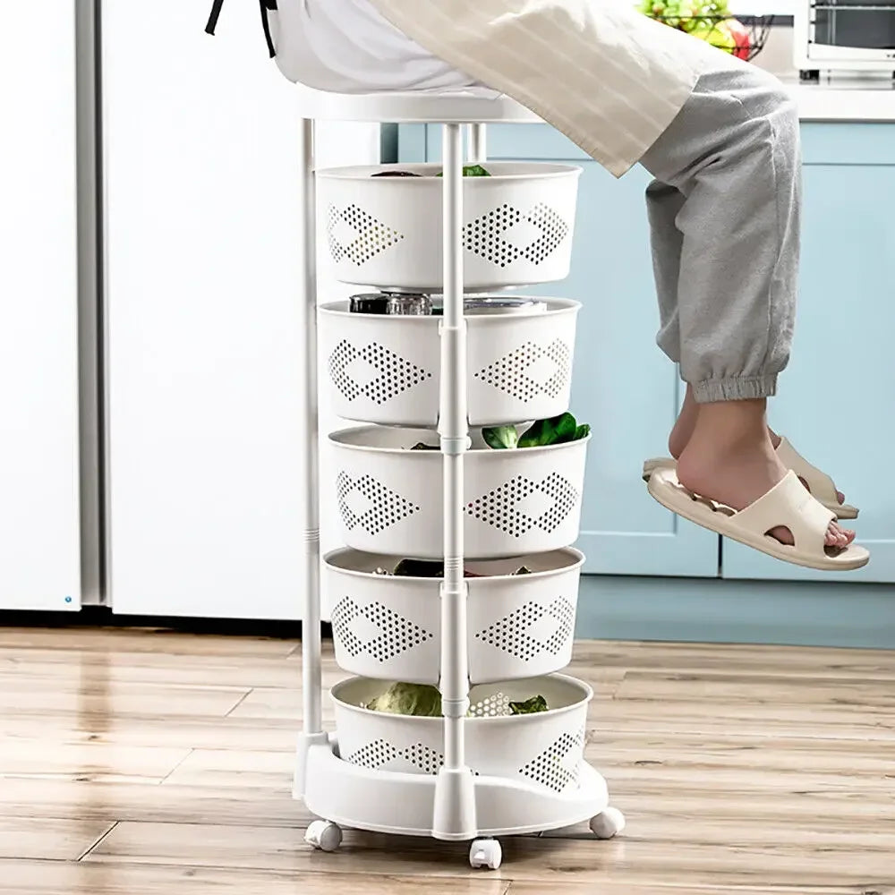 Rotating Kitchen Organizer Rack 5 Tier with Wheels