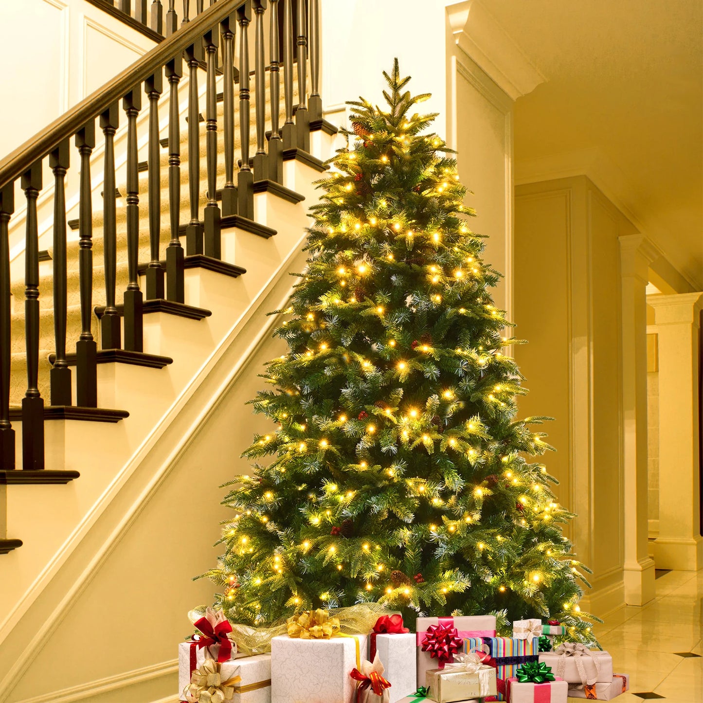 LIFEZEALE Pre Lit Artificial Christmas Tree Realistic Snowy Pine