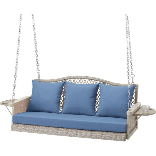 RBXC Upgraded Wicker Hanging Porch Swing 900Lbs 3Seat Outdoor Patio