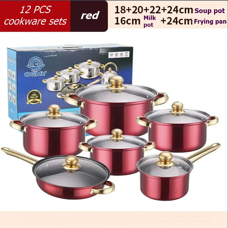 Noned 12 Piece Stainless Steel Cookware Set Milk Pot Pan Frying Pot Soup Pot