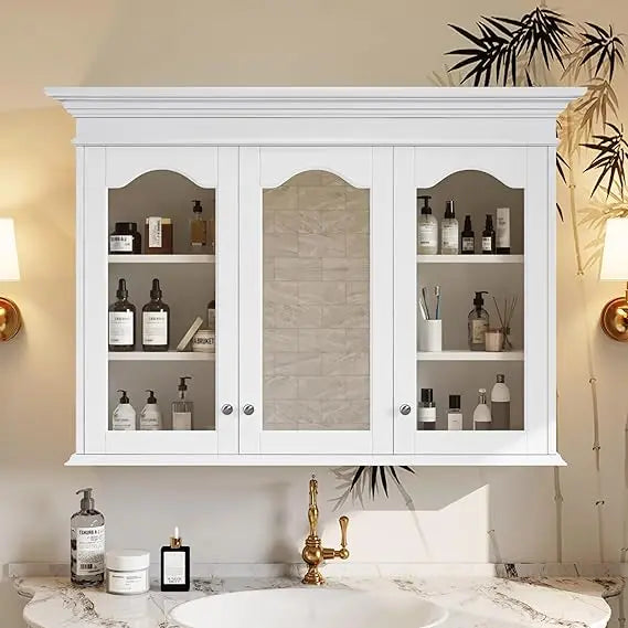 Medicine Cabinet Mirror Wall Mounted Bathroom Glass Doors Adjustable Shelves