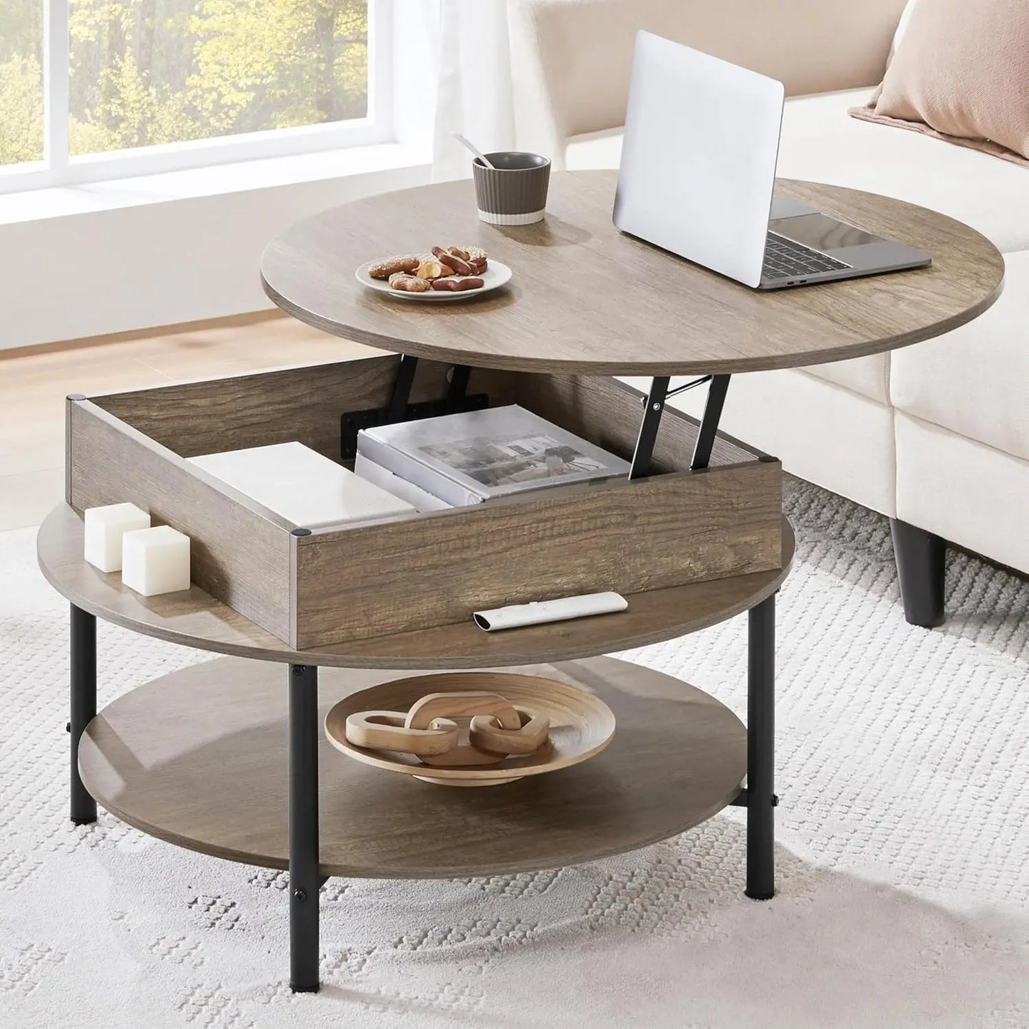Round Lift Top Coffee Table With Hidden Compartment And Storage