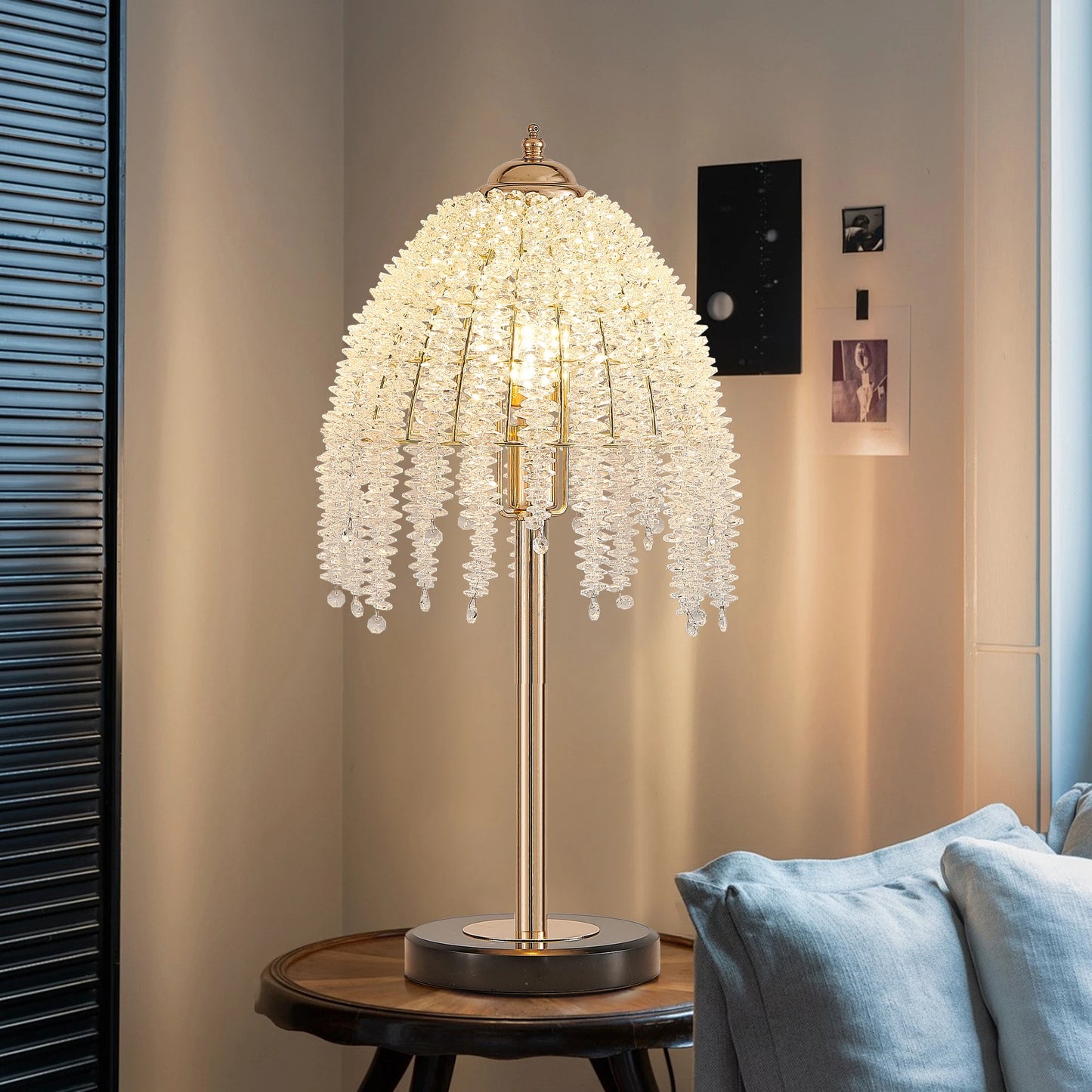 Elegant Crystal Table Lamp Waterfall Design With Shade Marble Base