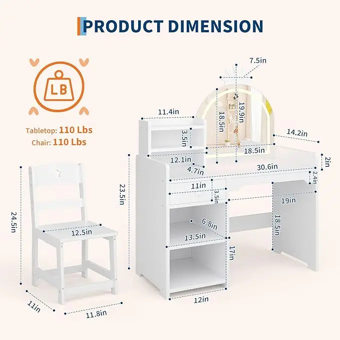 HiMISS Kids Vanity With Lights 2-In-1 Makeup Desk And Chair