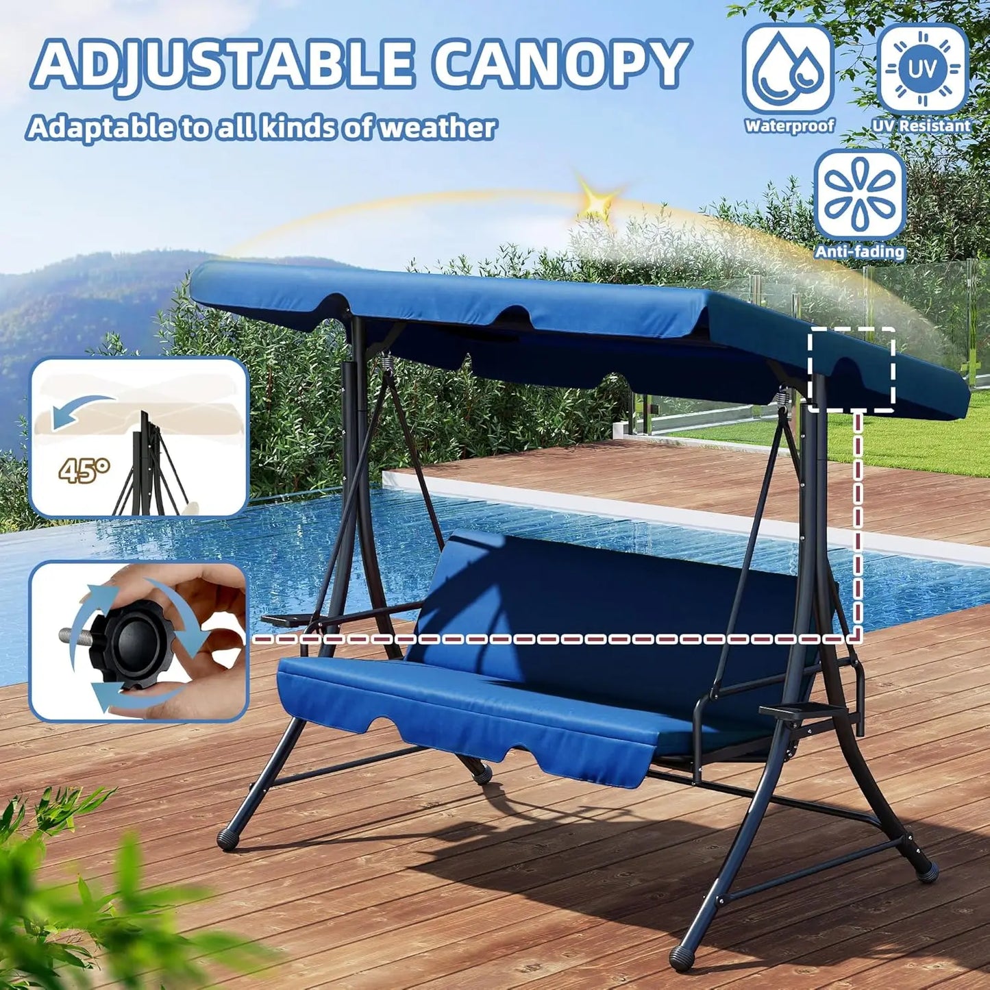 Three Seat Patio Swing With Canopy For Outdoor Comfort