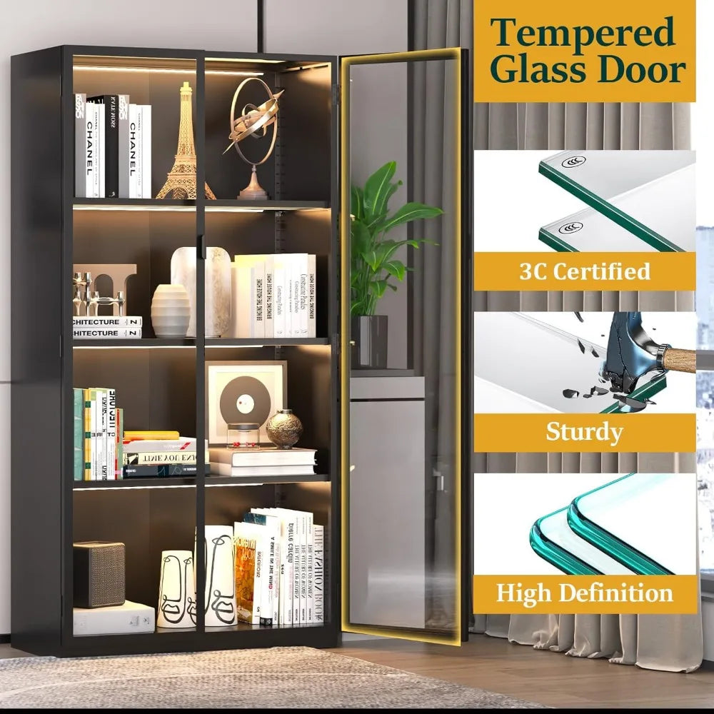 XMSJ Display Cabinet With Glass Doors LED Lighting Adjustable Shelves