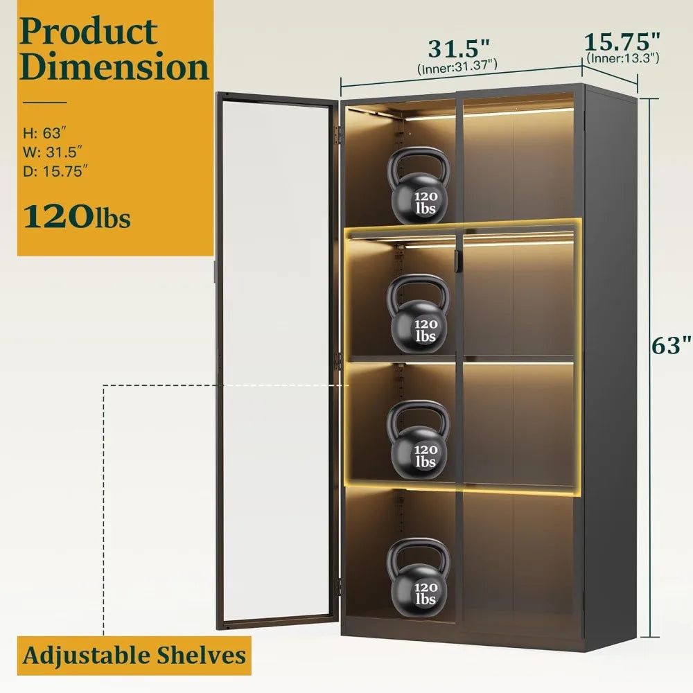 XMSJ Display Cabinet With Glass Doors LED Lighting Adjustable Shelves