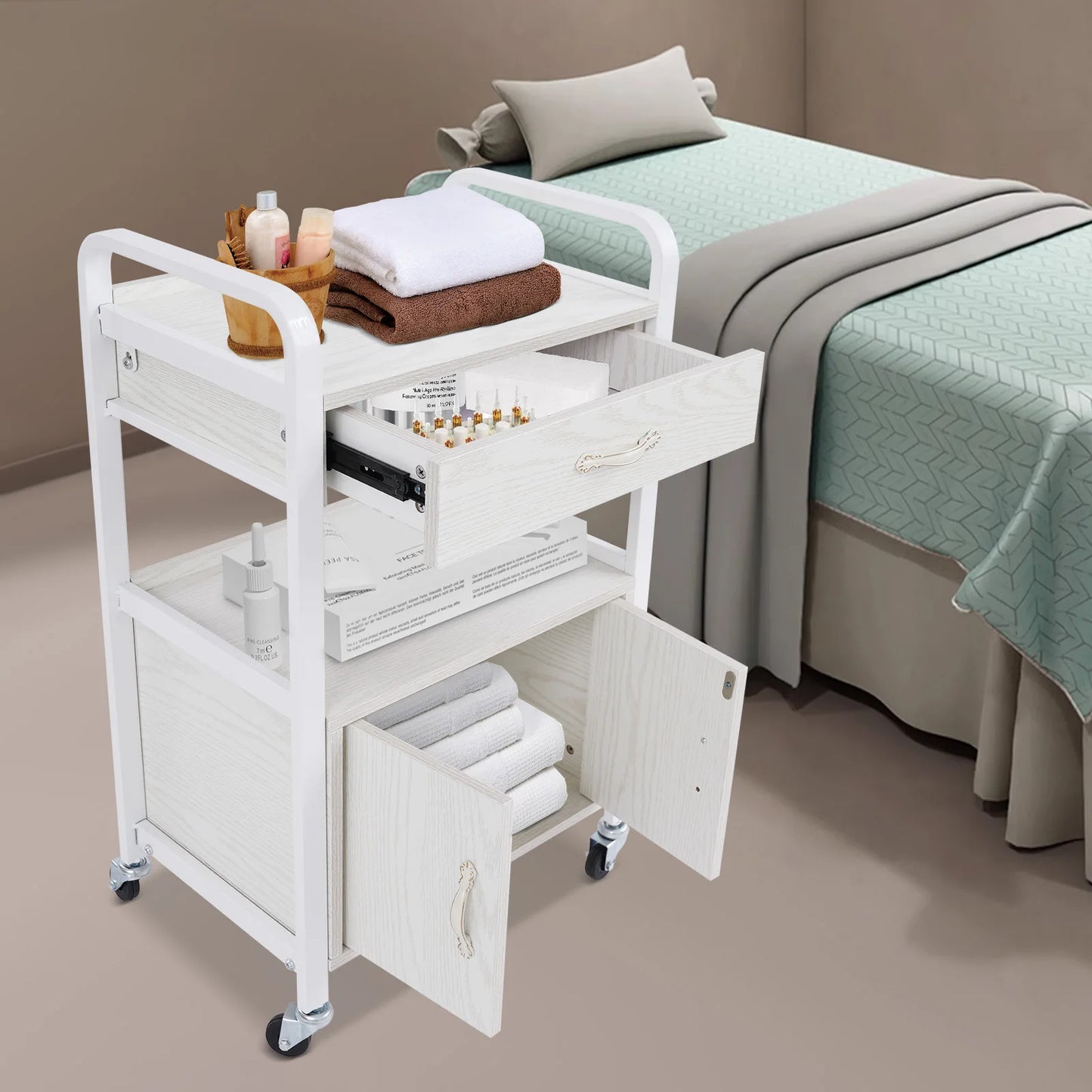 Bymaocar Salon Wood Panels Storage Cart Free Standing Organizer