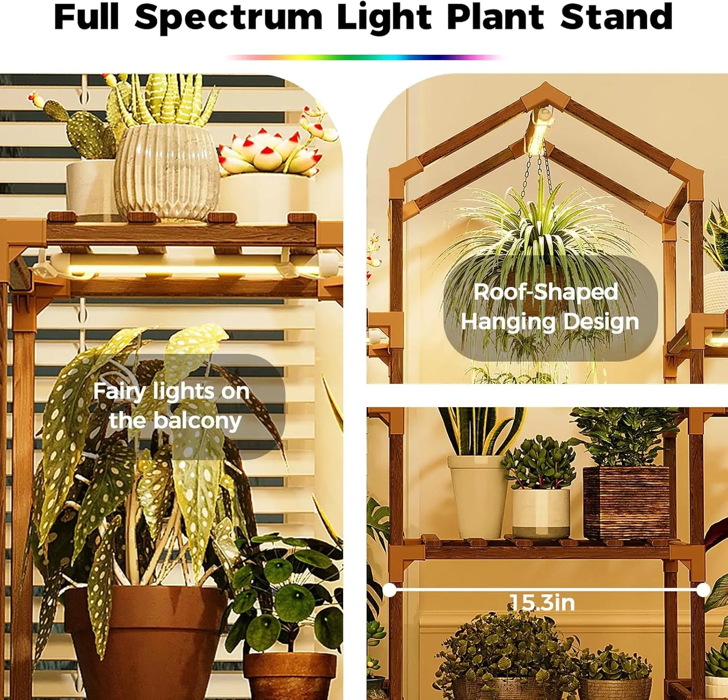 Wood Plant Shelf With Grow Lights For Indoor Hanging Planters