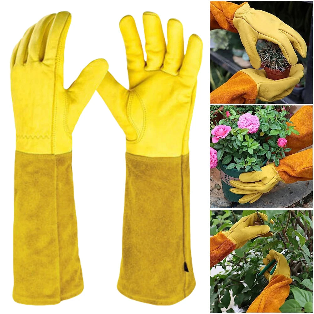 Long Thorn Proof Gardening Gloves With Leather Forearm Protection