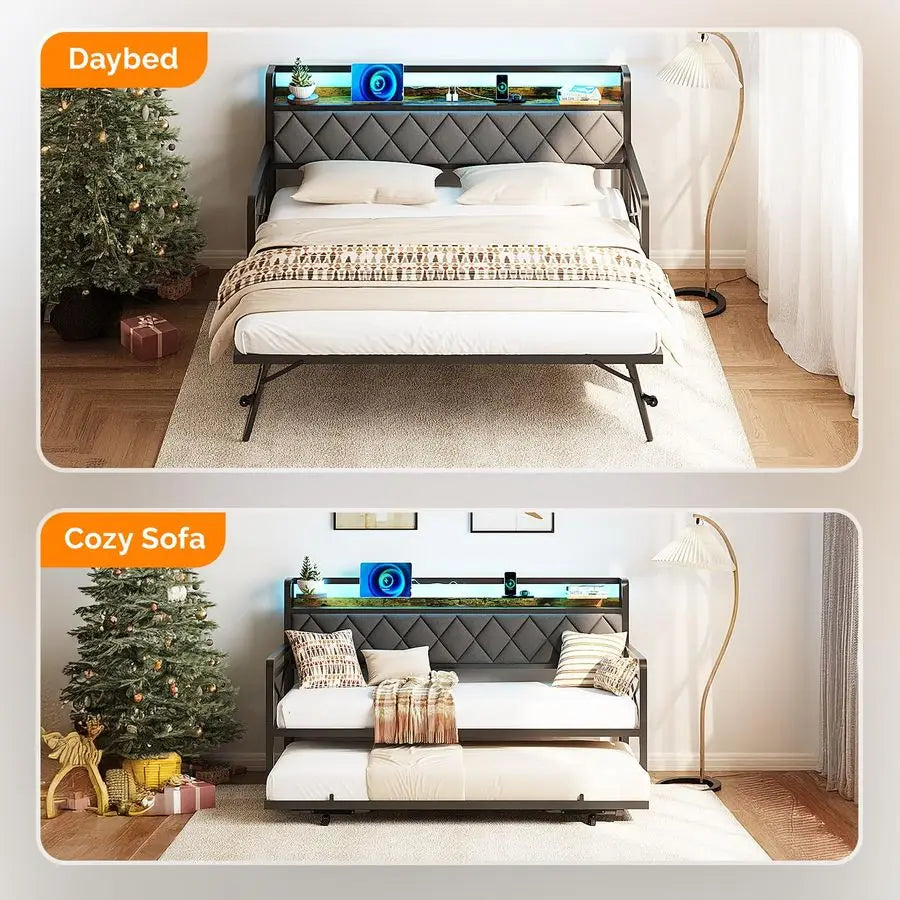 Twin Daybed With Popup Trundle And LED Charging Station Upholstered