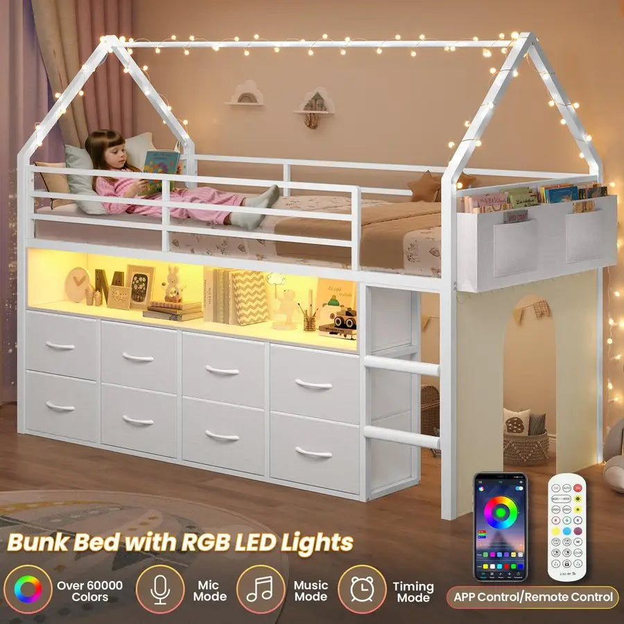 Loft Bed for Kids With Storage Drawers LED Lights and Bookcase
