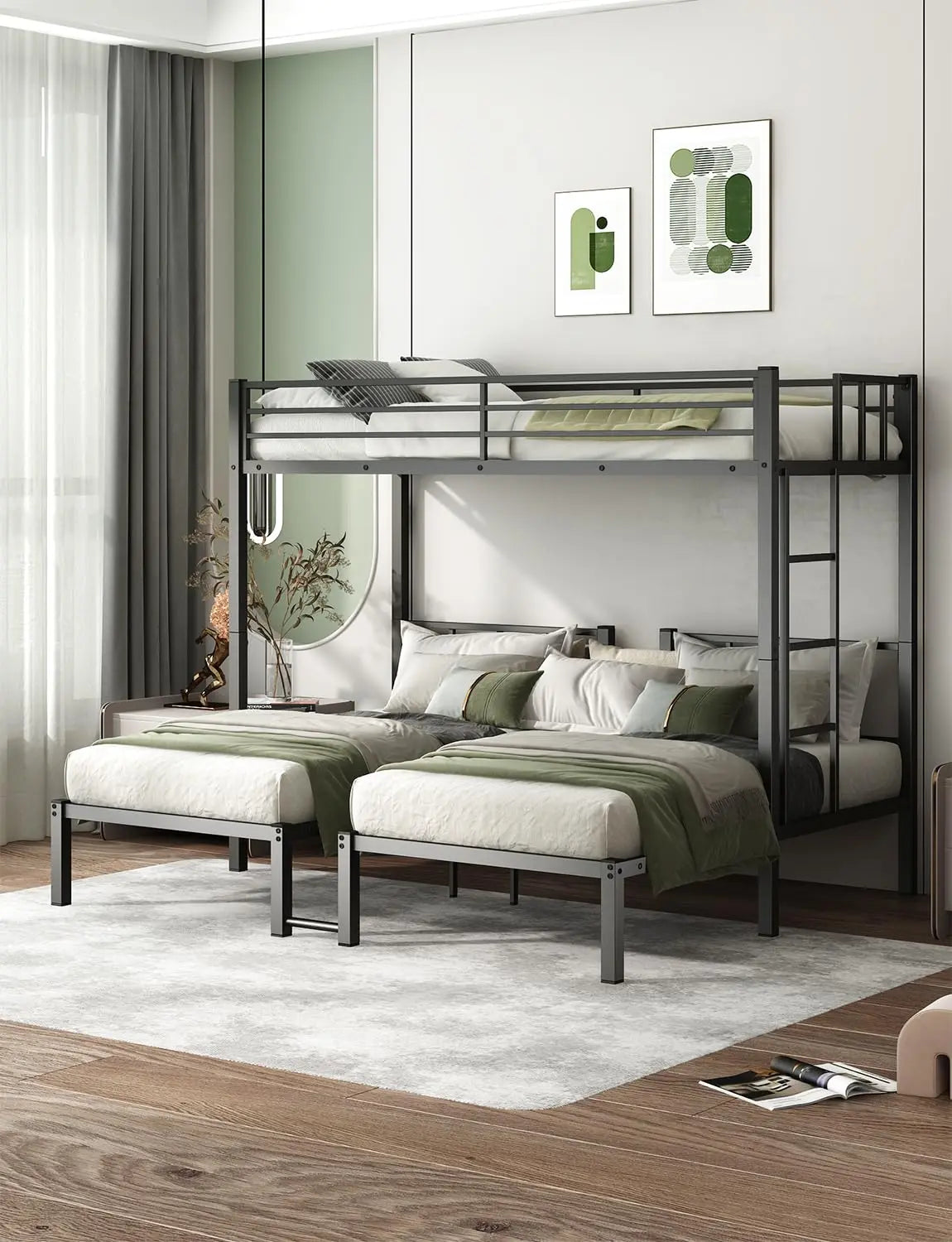 Triple Bunk Bed With Guardrails Ladder And Upper Platform