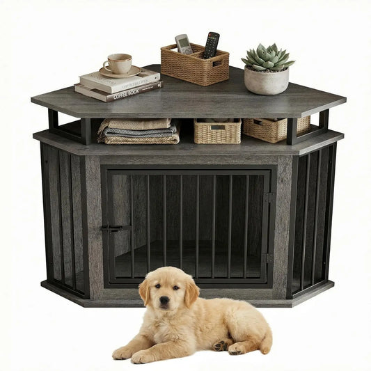 Corner Dog Crate With Two Tier Shelves Wooden Kennel Furniture