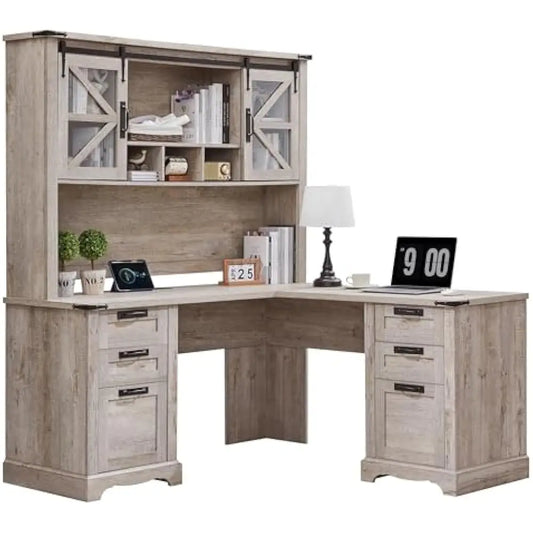 Depth L Shaped Office Desk With Hutch And Storage Cabinet