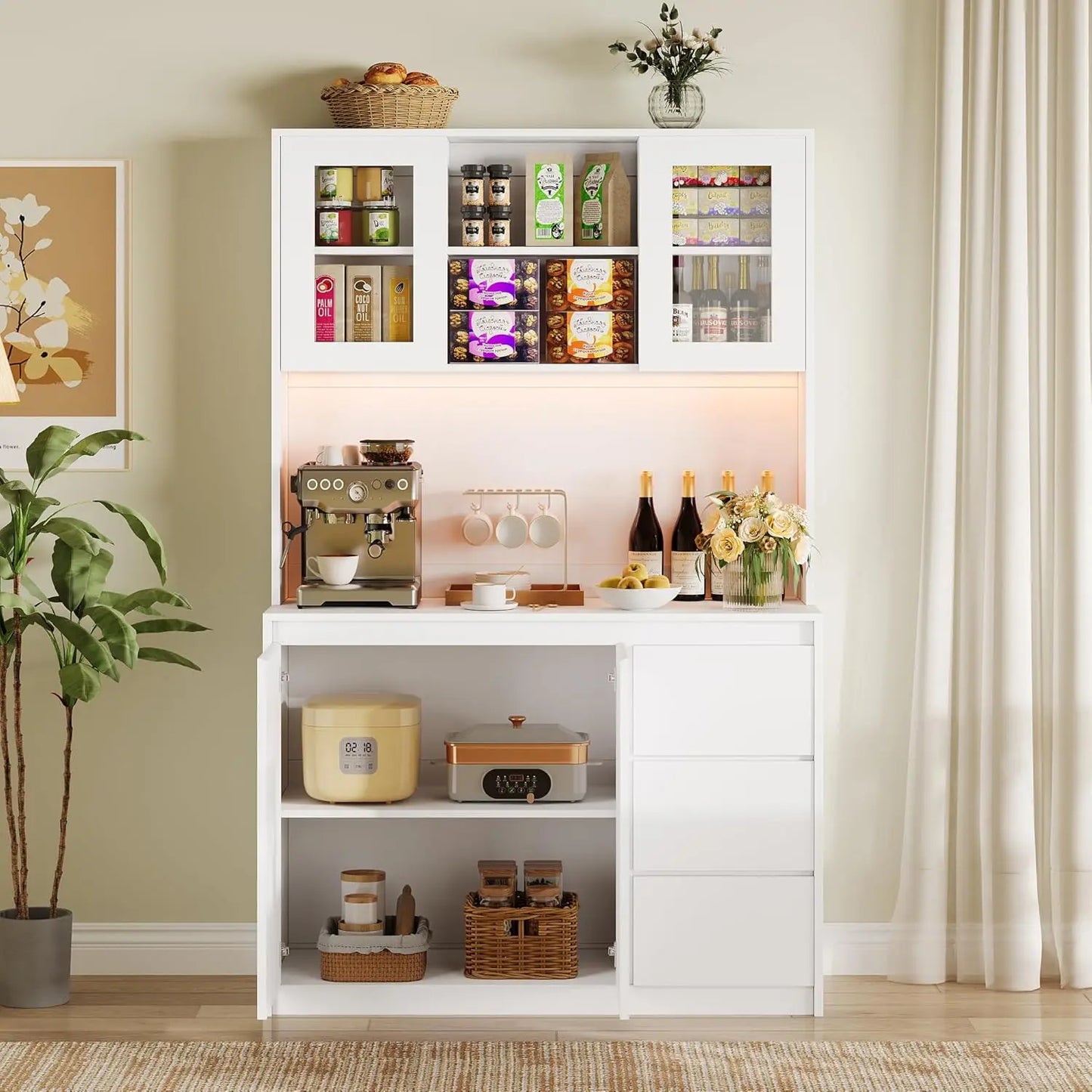 Studyset Kitchen Pantry Cabinet Microwave Stand With Led Lights And Outlets