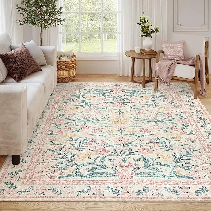 XMSJ Floral Area Rug Soft Boho Washable Non Slip Low Pile Indoor Carpet For Living Room And Bedroom